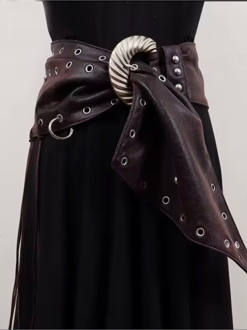Dark Brown Faux Leather Grommet Statement Waist Belt Silver Ring Buckle Y2K - Picture 2 of 7